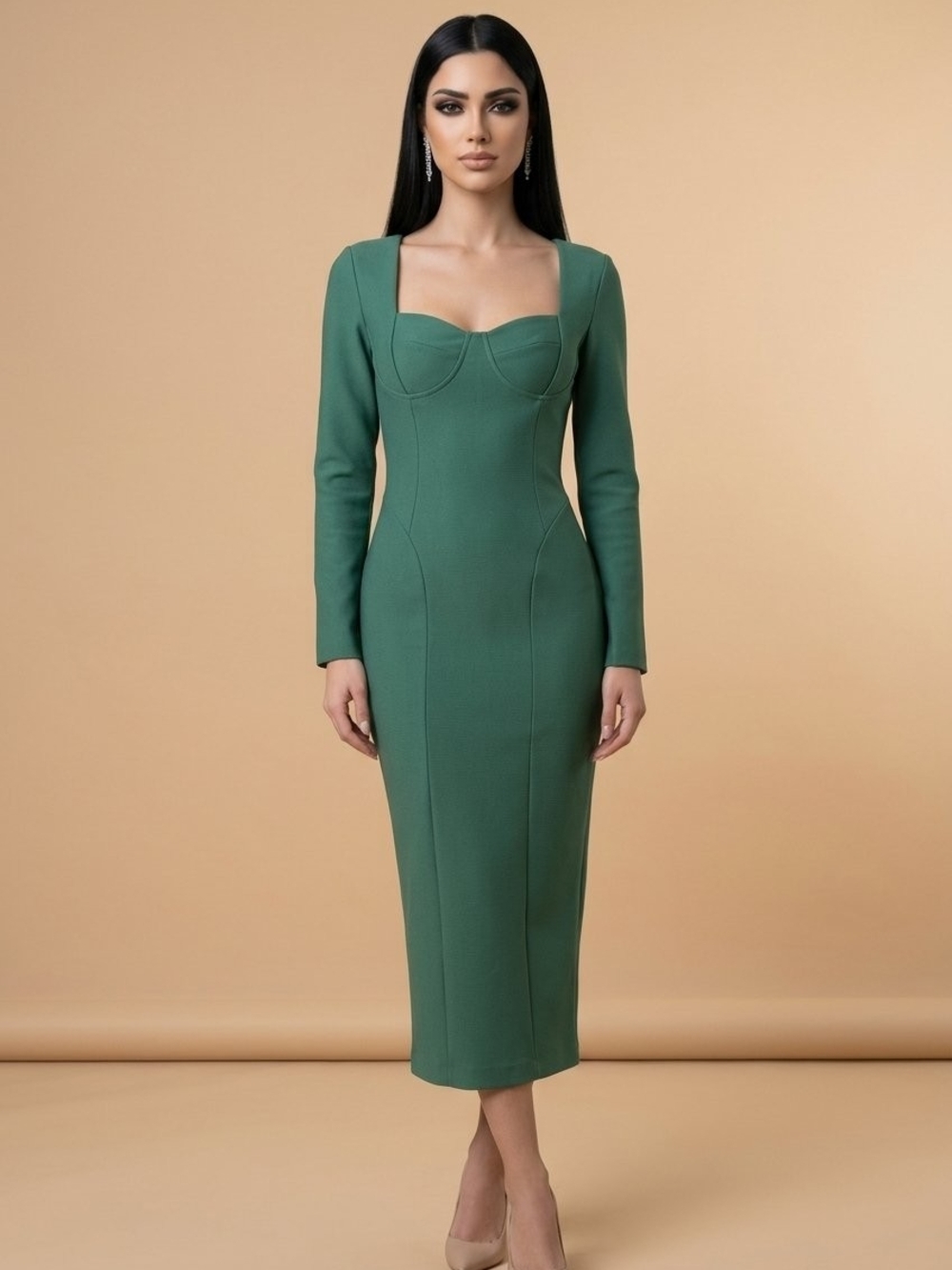 Fashion Nova Emerald Green Long-Sleeve Bandage Midi Dress